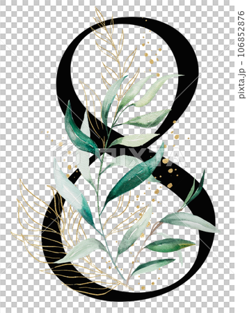 Black number 8 with green a watercolor leaves, isolated wedding illustration, Alphabet Element Black number 8 with green a watercolor leaves, isolated wedding illustration, Alphabet Element 106852876