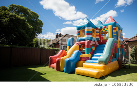 Big bouncy castle slide in garden, colorful Inflatable bouncy castle on sunny summer day with blue sky. Bouncy house for kids to jump on outdoors Big bouncy castle slide in garden, colorful Inflatable bouncy castle on sunny summer day with blue sky. Bouncy house for kids to jump on outdoors 106853530
