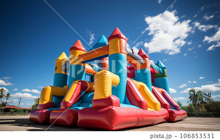 Big bouncy castle slide in garden, colorful Inflatable bouncy castle on sunny summer day with blue sky. Bouncy house for kids to jump on outdoors 106853531
