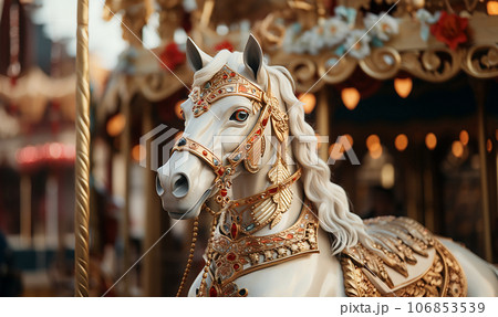 Carousel with colorful horses at amusement park, Merry go round with horse, Vintage ride attraction for children. Traditional horse in carousel on fair. Colorful sparkling lights 106853539