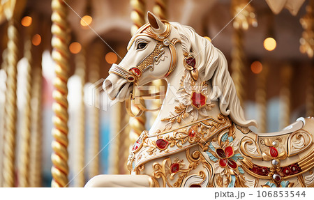 Carousel with colorful horses at amusement park, Merry go round with horse, Vintage ride attraction for children. Traditional horse in carousel on fair. Colorful sparkling lights 106853544