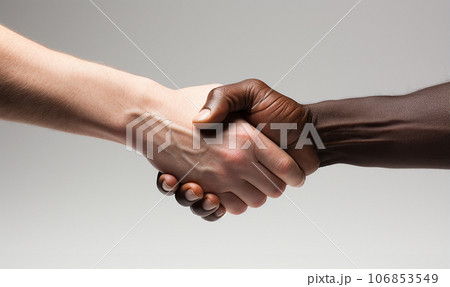Black and white hand shaking.Close up view of business partnership handshake concept.Photo of two businessman handshaking process.Successful deal after great meeting.Horizontal,flare effect, blurred 106853549