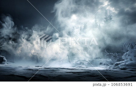 Dark scary mystery forest with mist. Gloomy dark scene with trees,Smoke, shadow. Abstract dark, horror background. Night view. with copy space 106853691