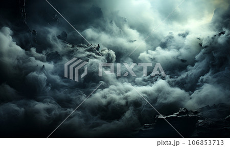 Mystery dark fog background for product placement.Panoramic view of the abstract fog. White cloudiness, mist or smog moves on black background. Mystery dark fog background for product placement.Panoramic view of the abstract fog. White cloudiness, mist or smog moves on black background. 106853713