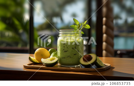 Avacado green smoothie on tropical location with ocean view.Green detox smoothie from avocado and baby spinach in a tall glass on wooden table in Bali. Holiday summer location. Healthy vegan breakfast 106853735
