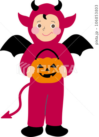 編集可能！おしゃれでかわいいハロウィン仮装悪魔のコスプレをする幼児の男の子のベクターイラスト 106853803