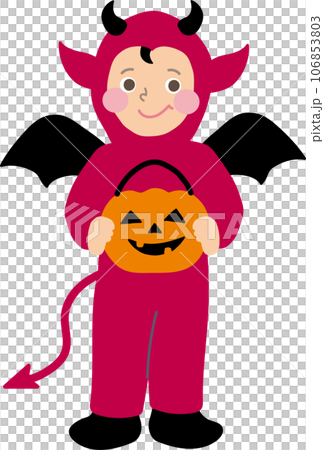 Editable! Vector illustration of a toddler boy wearing a fashionable and cute Halloween costume devil cosplay 106853803