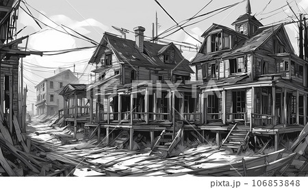 Black and white image of a destroyed city Black and white image of a destroyed city 106853848