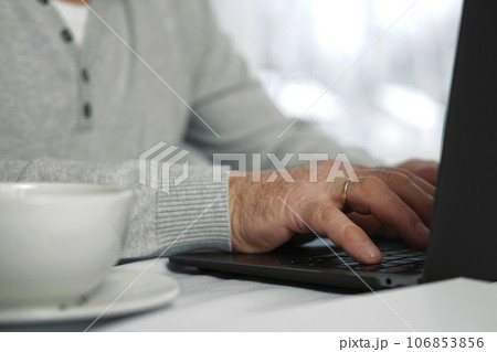 Closeup of senior man hands using laptop. Cropped side view of wrinkled caucasian older hands typing keyboard. Old people with technology. Unrecognizable retired male working from home sitting at desk 106853856