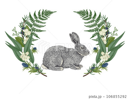 Green floral wreath with gray rabbit. Botanical illustration. Colorful. 106855292