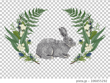 Green floral wreath with gray rabbit. Botanical illustration. Colorful. 106855292