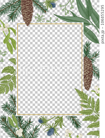 Vintage Christmas frame. Winter background. Conifer branches and cones, mistletoe berries, ferns, leaves and seeds of eucalyptus, eryngium. Botanical illustration. Vintage Christmas frame. Winter background. Conifer branches and cones, mistletoe berries, ferns, leaves and seeds of eucalyptus, eryngium. Botanical illustration. 106855295