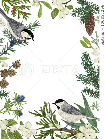 Christmas card with two birds, winter plants and berries. Hand drawn botanical illustration. Spruce, juniper, mistletoe, snowberry. 106855296