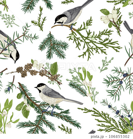 Vintage seamless pattern with winter plants and birds. Christmas background. Juniper, mistletoe, larch, spruce, snow berry and titmouse birds. Botanical illustration. Green. 106855302