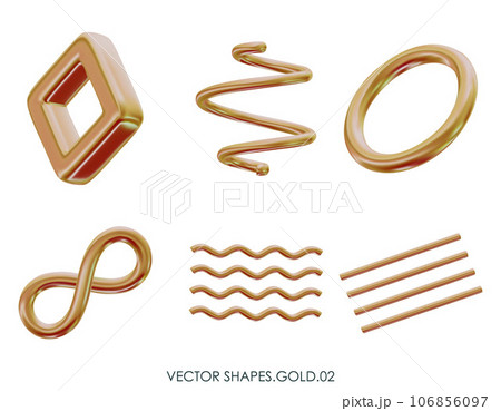 3D realistic render gold figures. Yellow metallic design objects. Vector decorative geometric shapes. Spiral, wavy lines, ring, torus, infinity symbol. Isolated on a white background 106856097