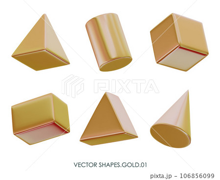 3D realistic render gold figures. Yellow metallic design objects. Vector decorative geometric shapes. Cube, cone, cylinder. Isolated on a white background 106856099