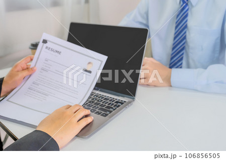 Office executives interviewing job applicants in the meeting room. employer conversation summary work employment Office executives interviewing job applicants in the meeting room. employer conversation summary work employment 106856505