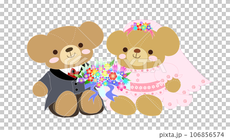 可愛的泰迪熊婚禮熊拿著花束 106856574