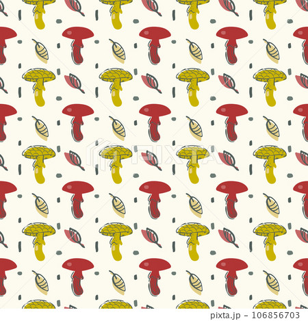 Funny mushroom seamless pattern. Hand drawn doodle pai brush stroke, trendy cartoon design, decorative autumn symbols. Bright red yellow colour palette. White background 106856703