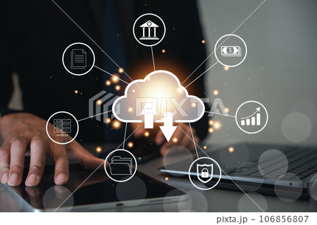 Digital screen interface displaying chart and graph icons for big data analytics and business intelligence concept with businessman analyzing financial data. Cloud computing 106856807