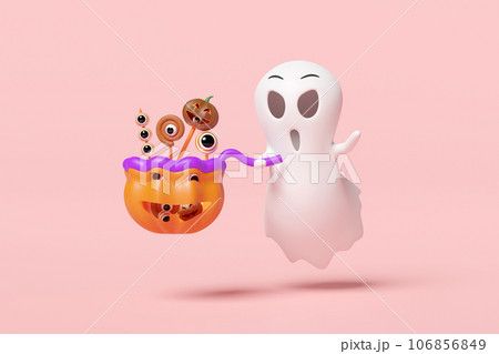 3d halloween holiday party with cute ghost hand holding pumpkin basket, sweet lollipops, candy isolated on pink background. 3d render illustration 3d halloween holiday party with cute ghost hand holding pumpkin basket, sweet lollipops, candy isolated on pink background. 3d render illustration 106856849