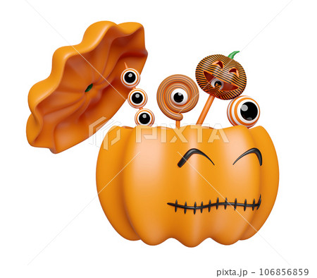 3d halloween holiday party with pumpkin basket, sweet lollipops, candy isolated. 3d render illustration 3d halloween holiday party with pumpkin basket, sweet lollipops, candy isolated. 3d render illustration 106856859