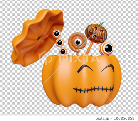 3d halloween holiday party with pumpkin basket, sweet lollipops, candy isolated. 3d render illustration 3d halloween holiday party with pumpkin basket, sweet lollipops, candy isolated. 3d render illustration 106856859
