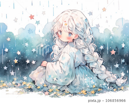 雨の中、おさげ髪の可愛い女の子のイラスト素材 [106856966] - PIXTA