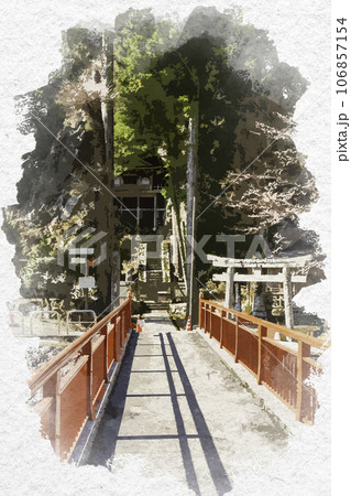 水彩画風　不動院岩屋堂　岩屋堂神社橋　鳥取県八頭郡若桜町 106857154