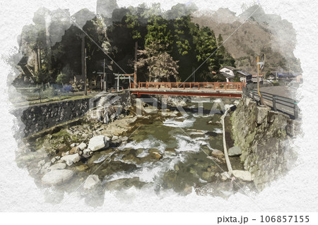 水彩画風　不動院岩屋堂　岩屋堂神社橋　鳥取県八頭郡若桜町 106857155