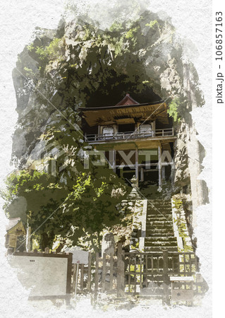 水彩画風 不動院岩屋堂 鳥取県八頭郡若桜町 水彩画風 不動院岩屋堂 鳥取県八頭郡若桜町 106857163