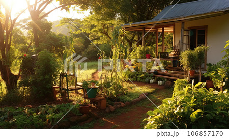 A small house with a vegetable garden, during nature, Live a simple life in the countryside of Thailand 106857170