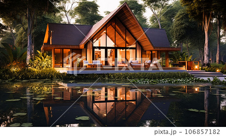 A small modern-style house with a vegetable garden, during nature, Live a simple life in the countryside of Thailand 106857182