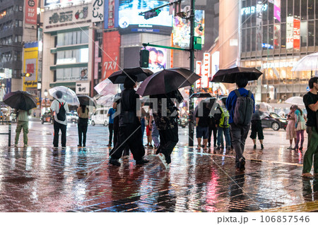 《東京都》雨の渋谷スクランブル交差点・夜の賑わう繁華街 《東京都》雨の渋谷スクランブル交差点・夜の賑わう繁華街 106857546
