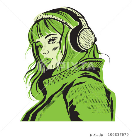 Cyberpunk anime girl, vector manga style female face character, cartoon Japanese acid avatar, phones 106857679