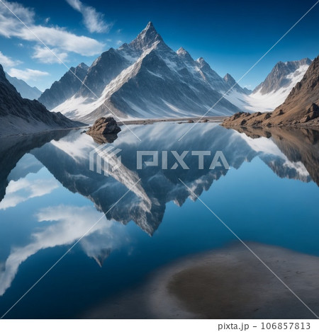 Mountains reflected in a lake with reflection of the sky and clouds Mountains reflected in a lake with reflection of the sky and clouds 106857813