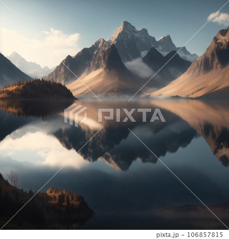 Mountains reflected in a lake with reflection of the sky and clouds Mountains reflected in a lake with reflection of the sky and clouds 106857815
