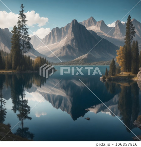 Mountains reflected in a lake with reflection of the sky and clouds 106857816