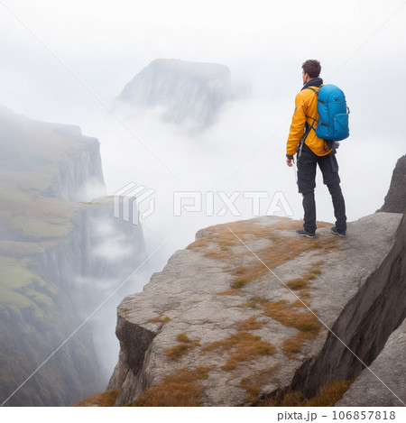 Hiker standing on the edge of a cliff in a foggy day Hiker standing on the edge of a cliff in a foggy day 106857818