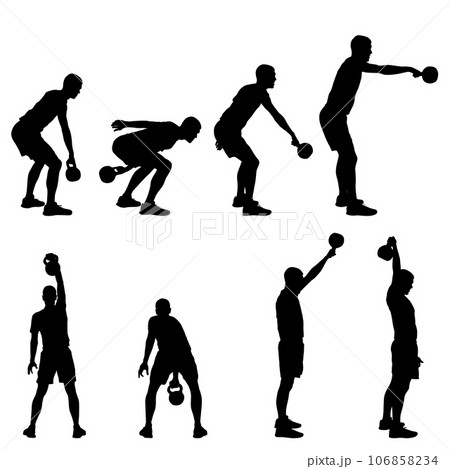 Set silhouette muscular man holding kettle bell Set silhouette muscular man holding kettle bell 106858234