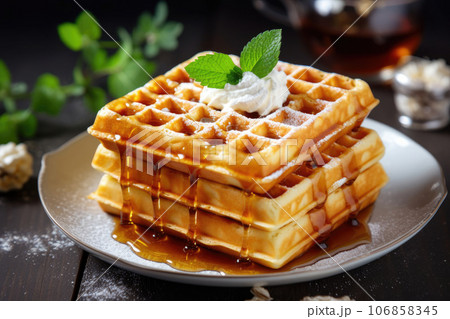 Viennese waffles with cottage cheese cream and honey 106858345