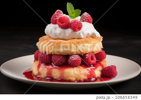 Thick cottage cheese pancakes with raspberries and cream 106858349