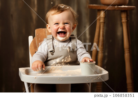 A small child eats food in a high chair 106858351