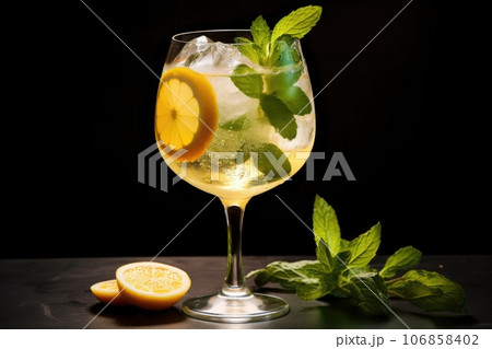 A Hugo Spritz cocktail in a glass garnished with a sprig of mint and lemon A Hugo Spritz cocktail in a glass garnished with a sprig of mint and lemon 106858402