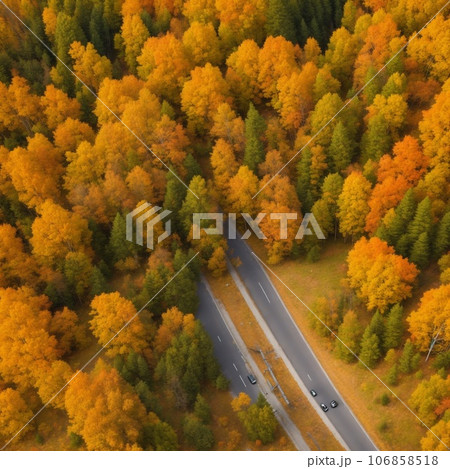 Aerial view of the road in autumn forest 106858518