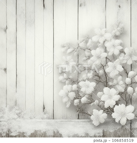White flowers on wooden background with snow White flowers on wooden background with snow 106858519