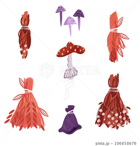 A set of items for witchcraft rituals: red, yellowed, withered dried flowers and herbs, bunches of herbs, brooms of flowers and leaves, a purple bag, purple toadstools, fly agaric. Halloween decor A set of items for witchcraft rituals: red, yellowed, withered dried flowers and herbs, bunches of herbs, brooms of flowers and leaves, a purple bag, purple toadstools, fly agaric. Halloween decor 106858676