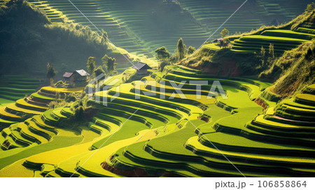 Rice fields on terraced of Mu Cang Chai, YenBai, Vietnam. Rice fields prepare the harvest at Northwest Vietnam, 106858864