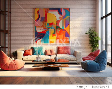 Vibrant colorful elegant modern living room with wooden table and abstract picture on the wall 106858971
