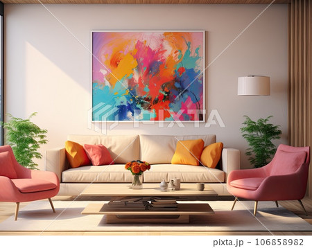 Vibrant colorful elegant modern living room with wooden table and abstract picture on the wall 106858982